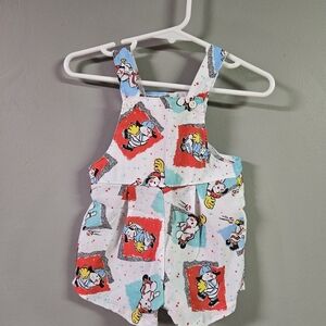Vintage Baseball Overalls Boys Infant 0-3 Month Cartoon Print Romper